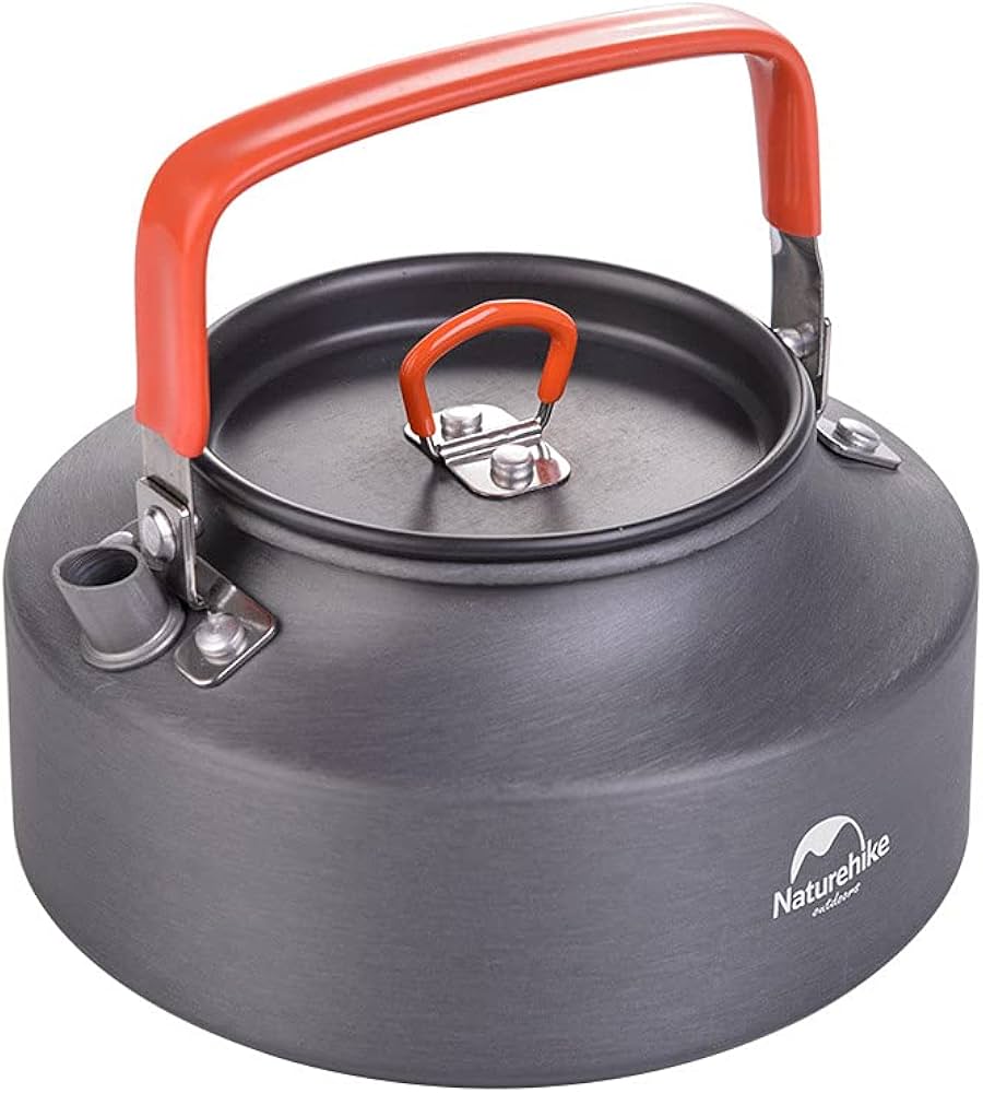 Gray camping kettle with red handle and lid on a white background, featuring the Naturehike brand.