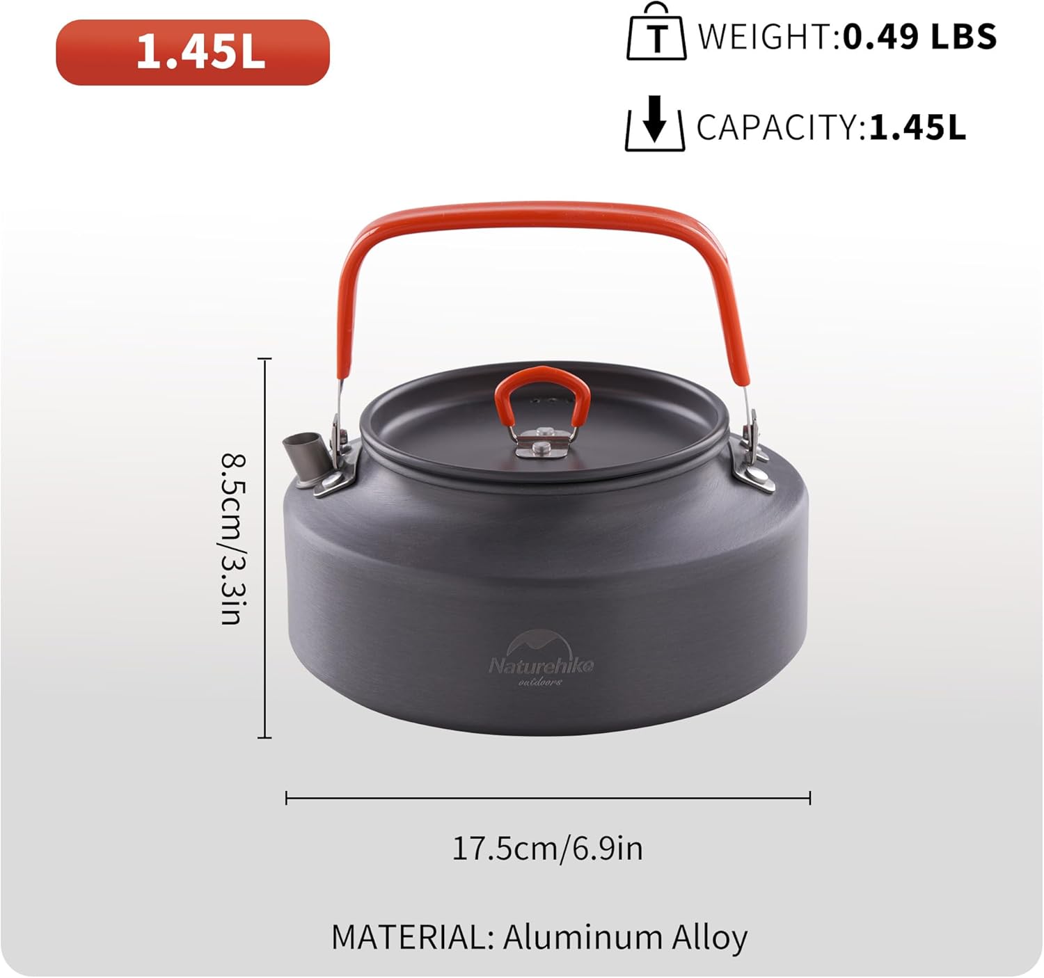 Gray camping kettle with red handle and measurement details on a white background