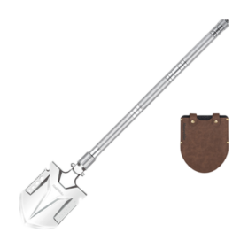 Metal shovel with a brown leather sheath on a white background