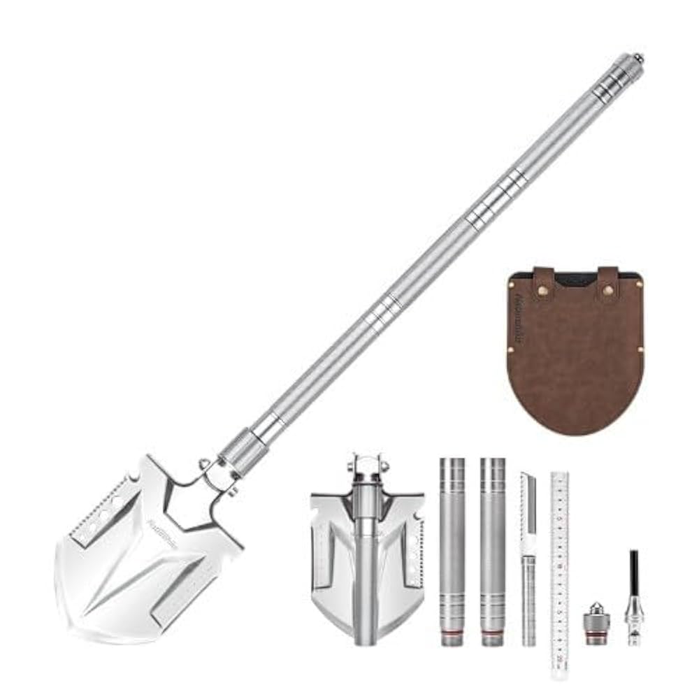 Multifunctional tool with a shovel head, folding blade, and additional tools on a white background