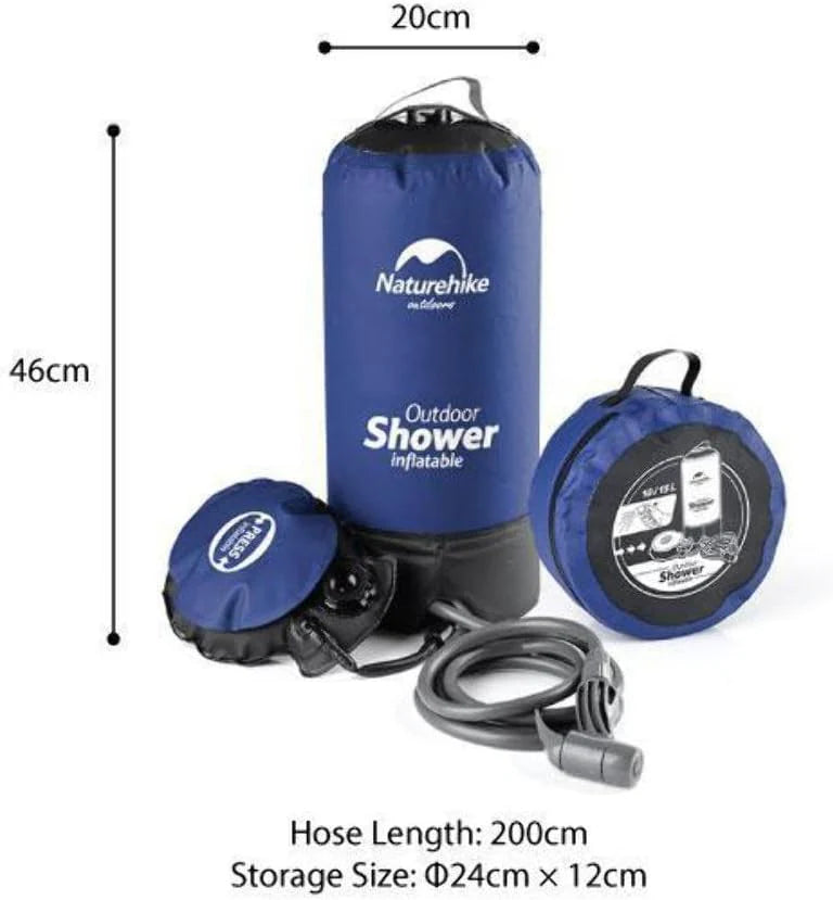 Naturehike inflatable outdoor shower with hose and connectors, shown with measurements on a white background.