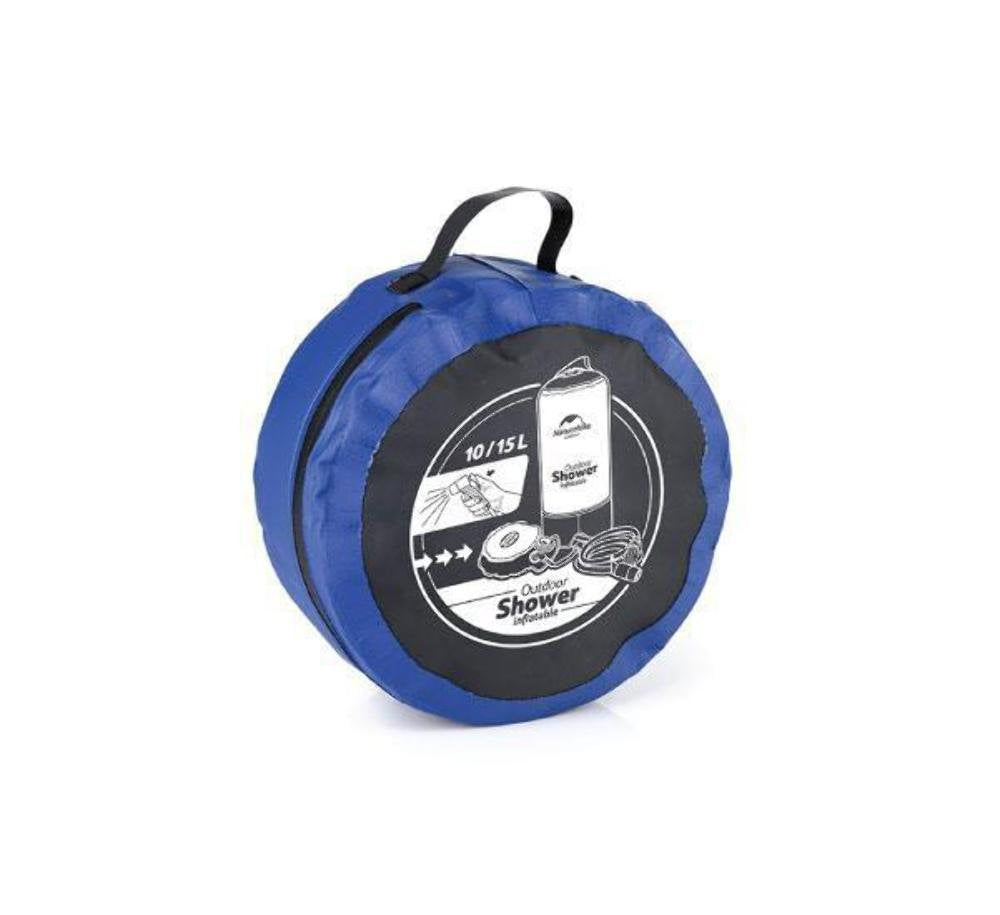 Blue carrying bag with black label featuring an outdoor shower product on a white background