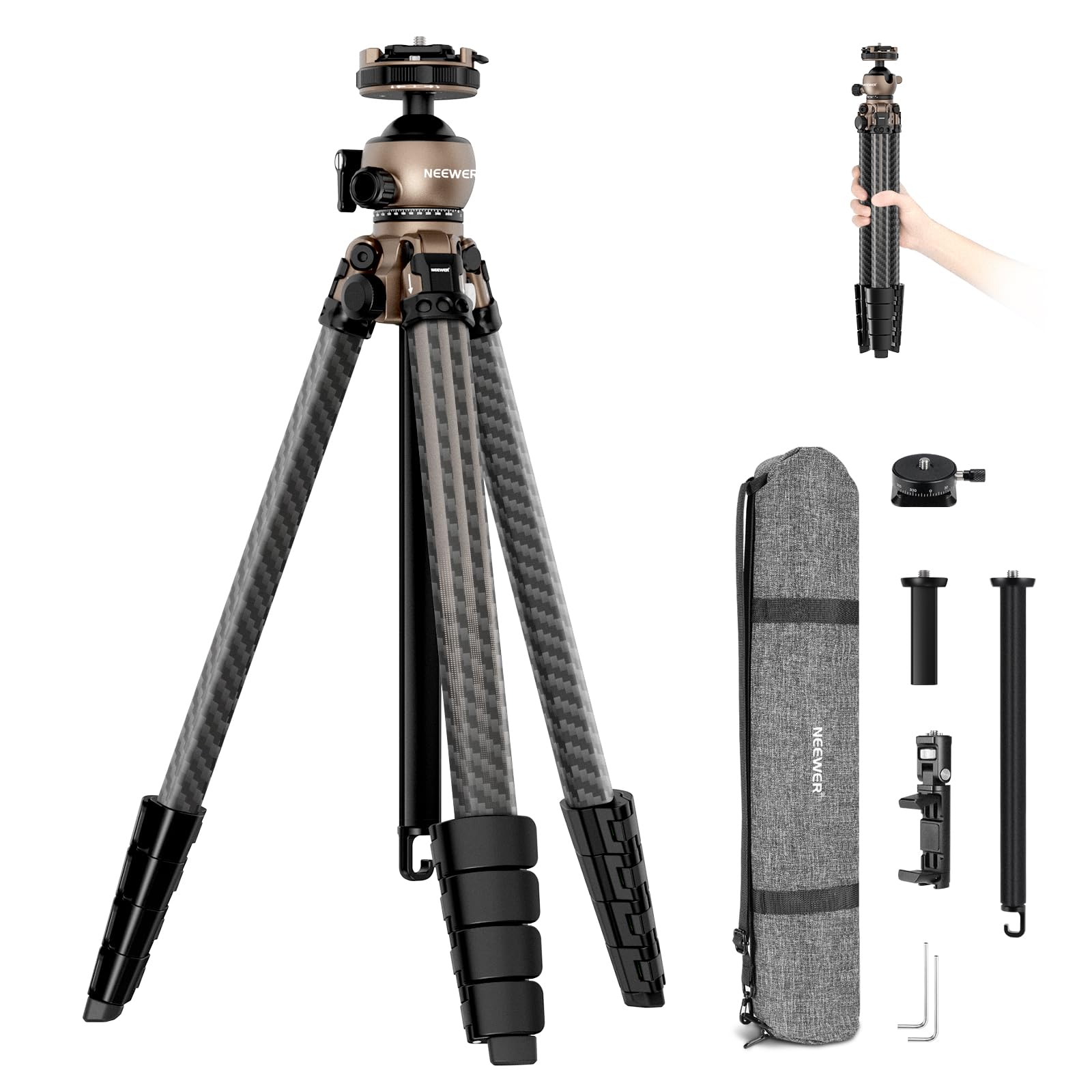 Camera tripod with carrying case and accessories on a white background