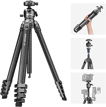 Carbon fiber tripod with various attachments on a white background
