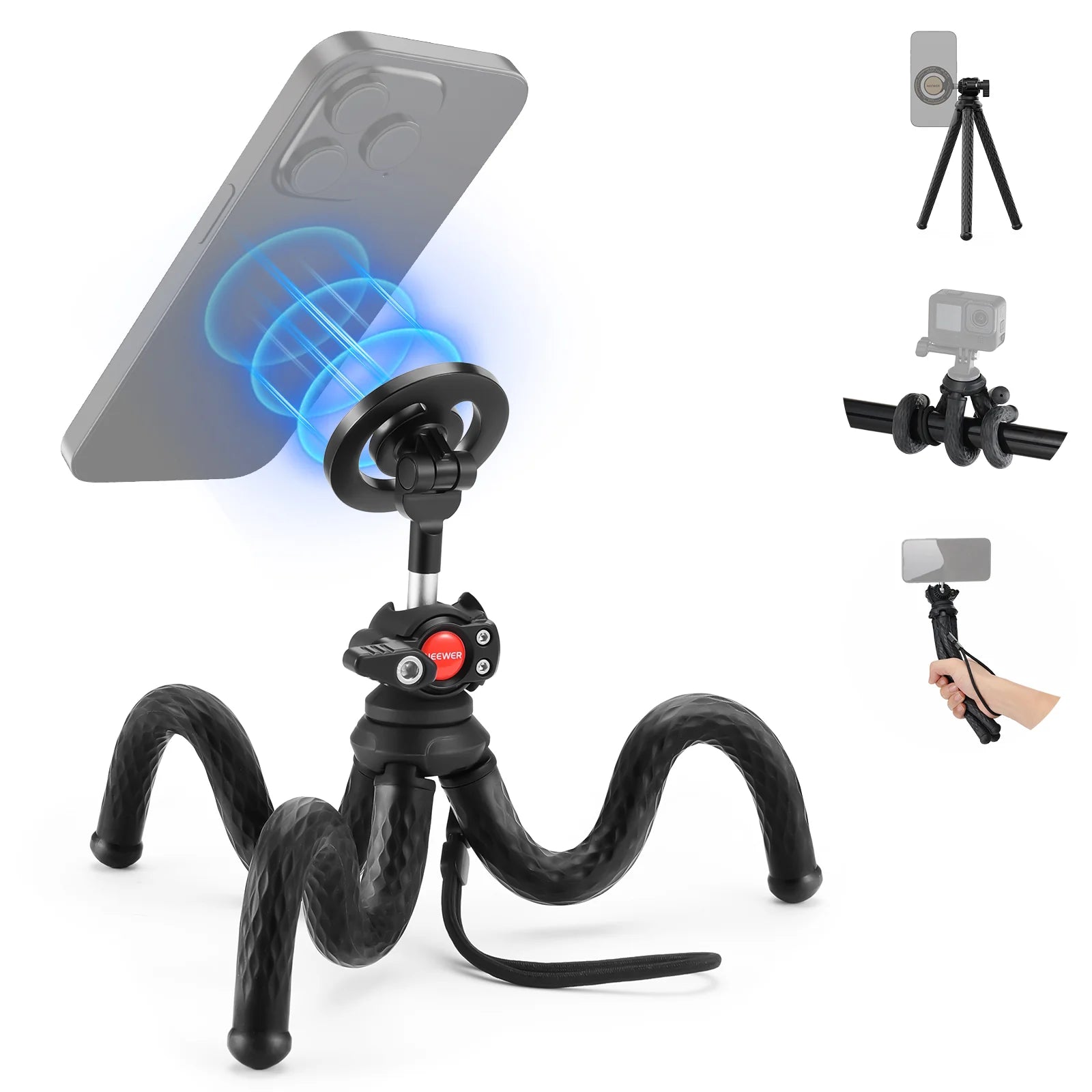 Flexible tripod with smartphone, camera, and microphone attachments on a white background