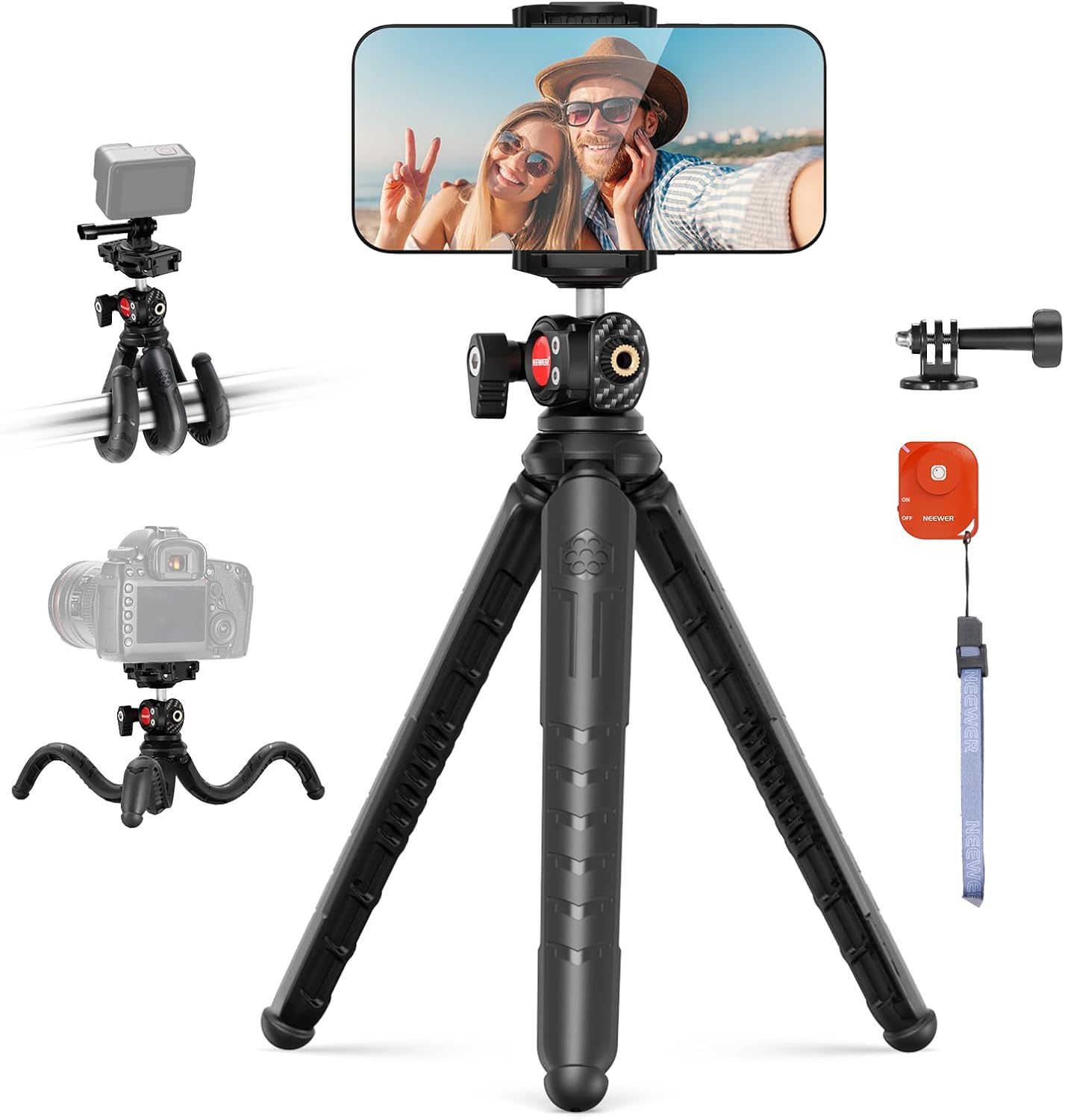 Black adjustable tripod with smartphone holder and various accessories on a white background