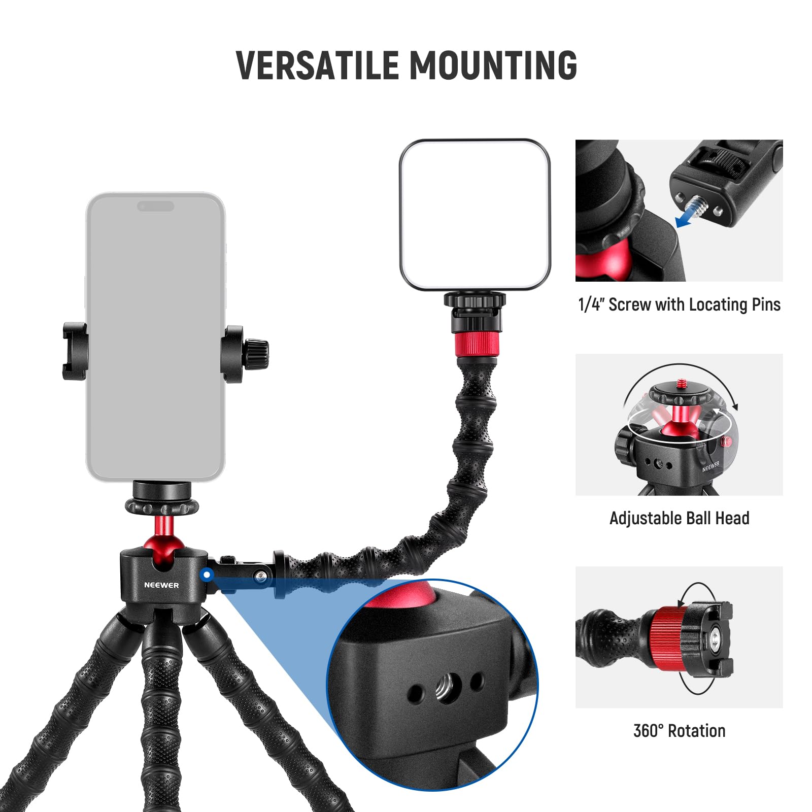 Versatile mounting device with smartphone holder, adjustable ball head, and 360-degree rotation on a white background.