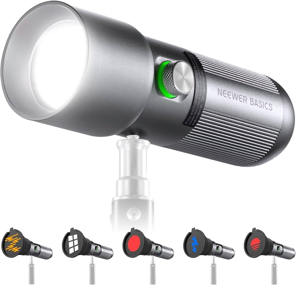 Neewer Basics flash light with multiple attachments on a white background