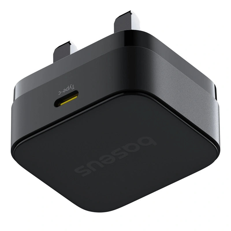 Black USB-C wall adapter on a white background