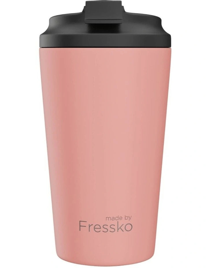 Pink tumbler with black lid on a white background, branded 'made by Fressko'.