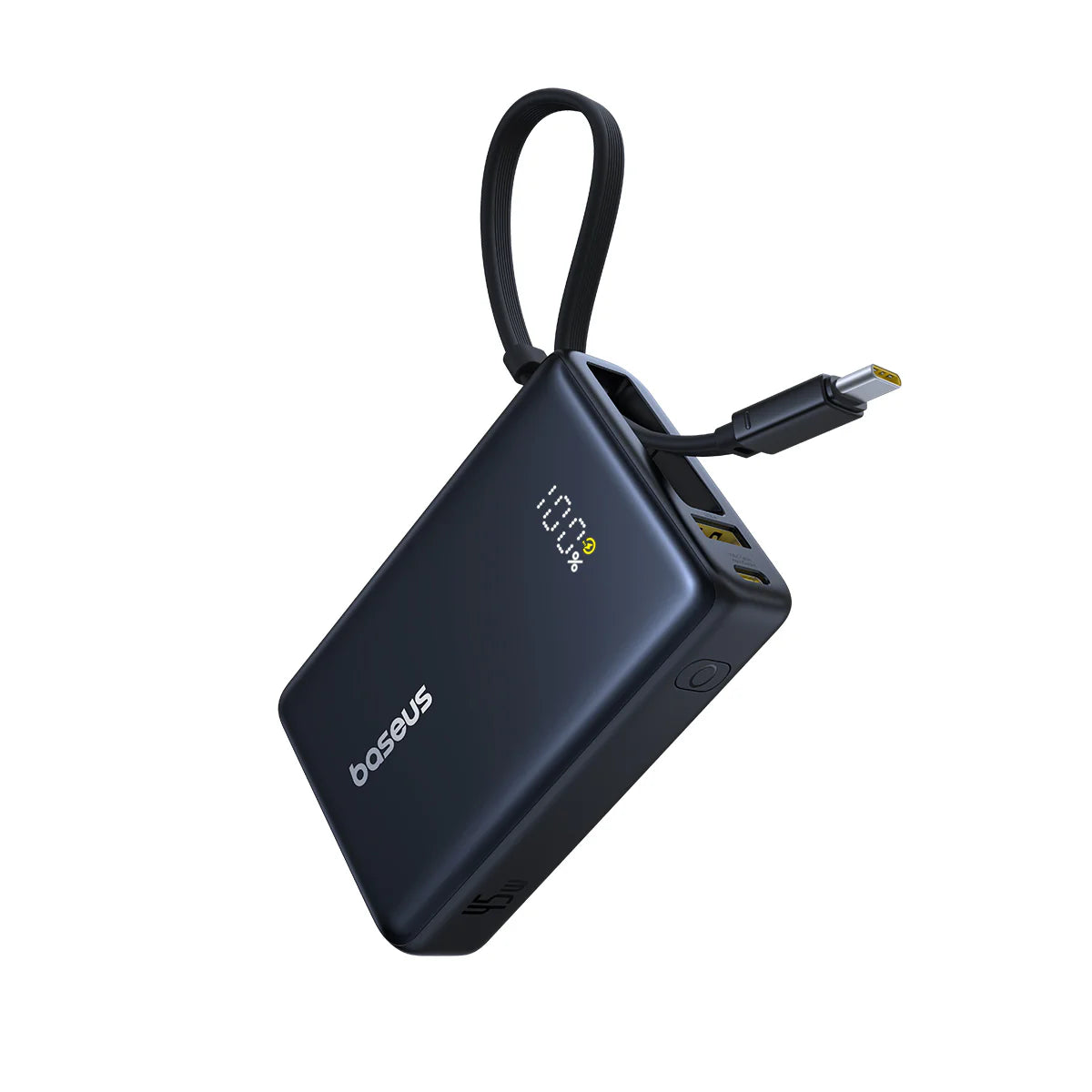 Black power bank with USB cable on a white background