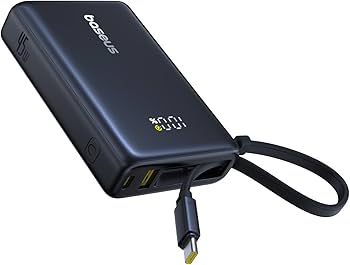 Black power bank with USB-C cable on a white background