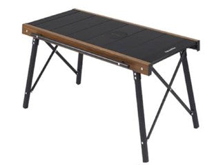 Portable folding table with black top and wooden sides on a white background