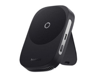 Black wireless charging pad with USB-C port on a white background