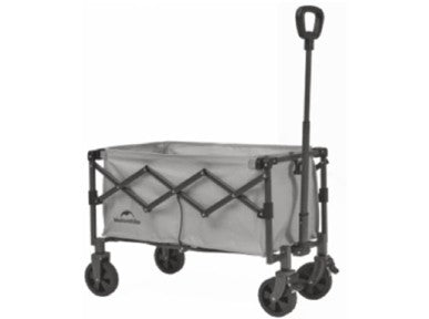 Gray folding wagon with black wheels and handle on a white background