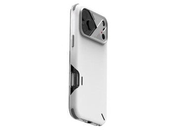 White phone case with black accents on a white background