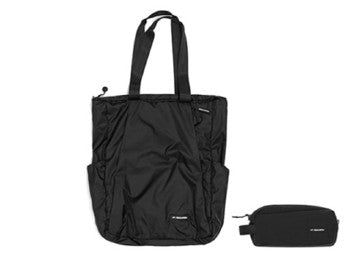 Black tote bag with a smaller black pouch on a white background