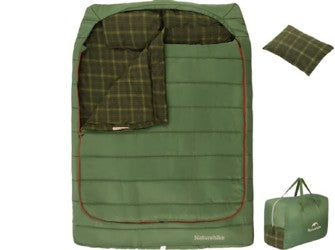 Green hunting blind with plaid interior and carrying bag on a white background