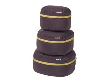 Three purple packing cubes with gold zippers on a white background