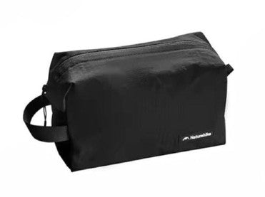Black toiletry bag with a brand logo on a white background