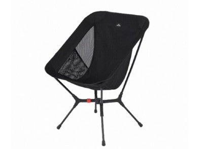 Black camping chair with a mesh back on a white background
