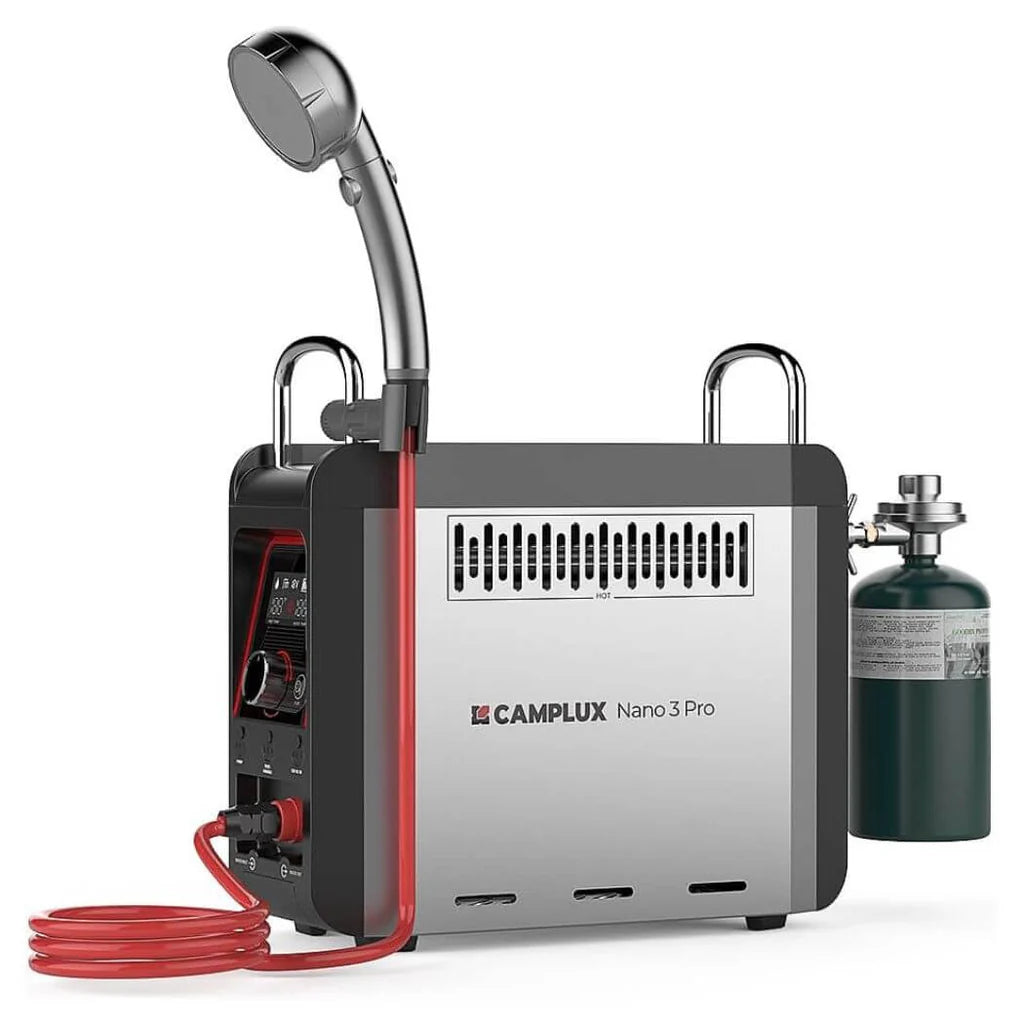 Camplux Nano 3 Pro portable shower system with hose and oxygen tank on a white background