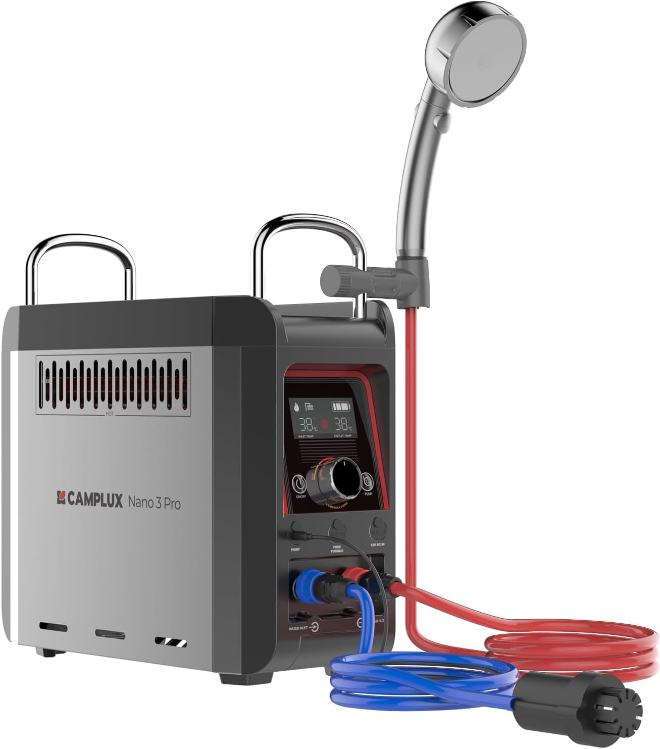 Camplux portable shower system with power station on a white background