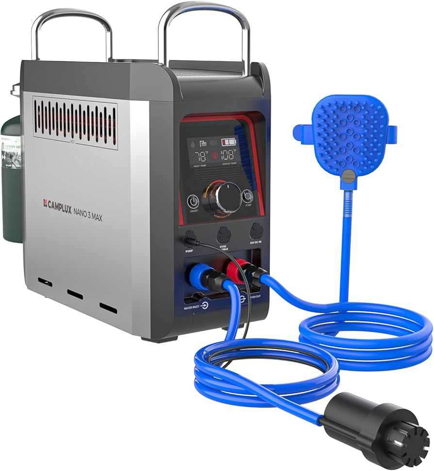 Portable power station with blue cable and nozzle on a white background