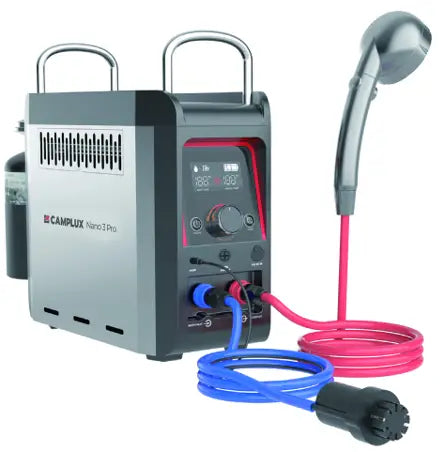 Camplux power station with shower head and cables on a white background