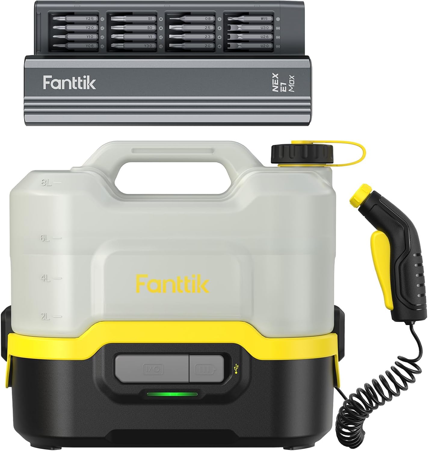 Fanttik pressure washer with tank and accessories on a white background