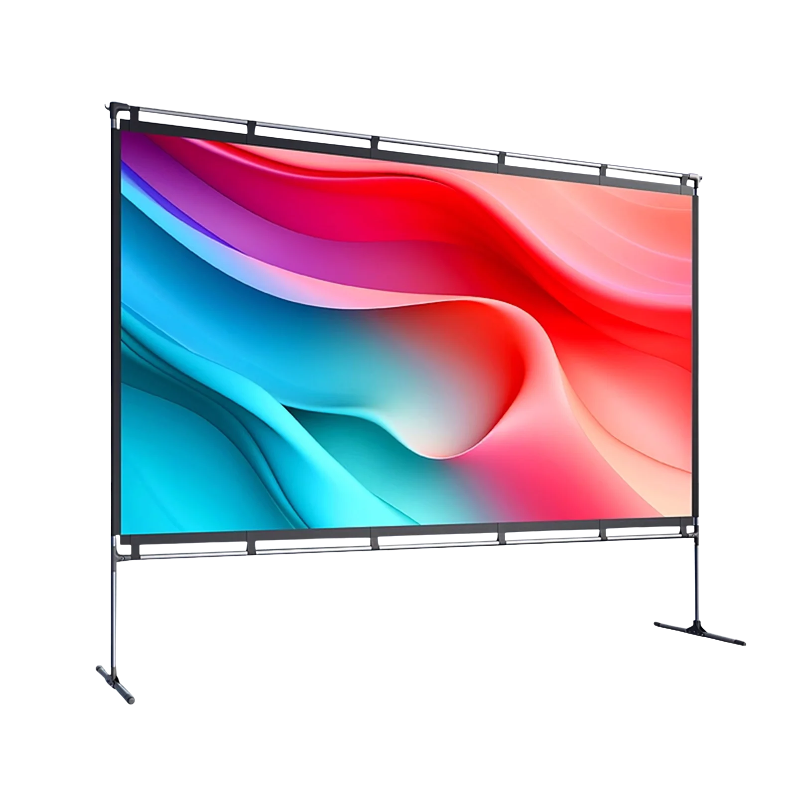 Portable outdoor projector screen with colorful abstract design on a white background