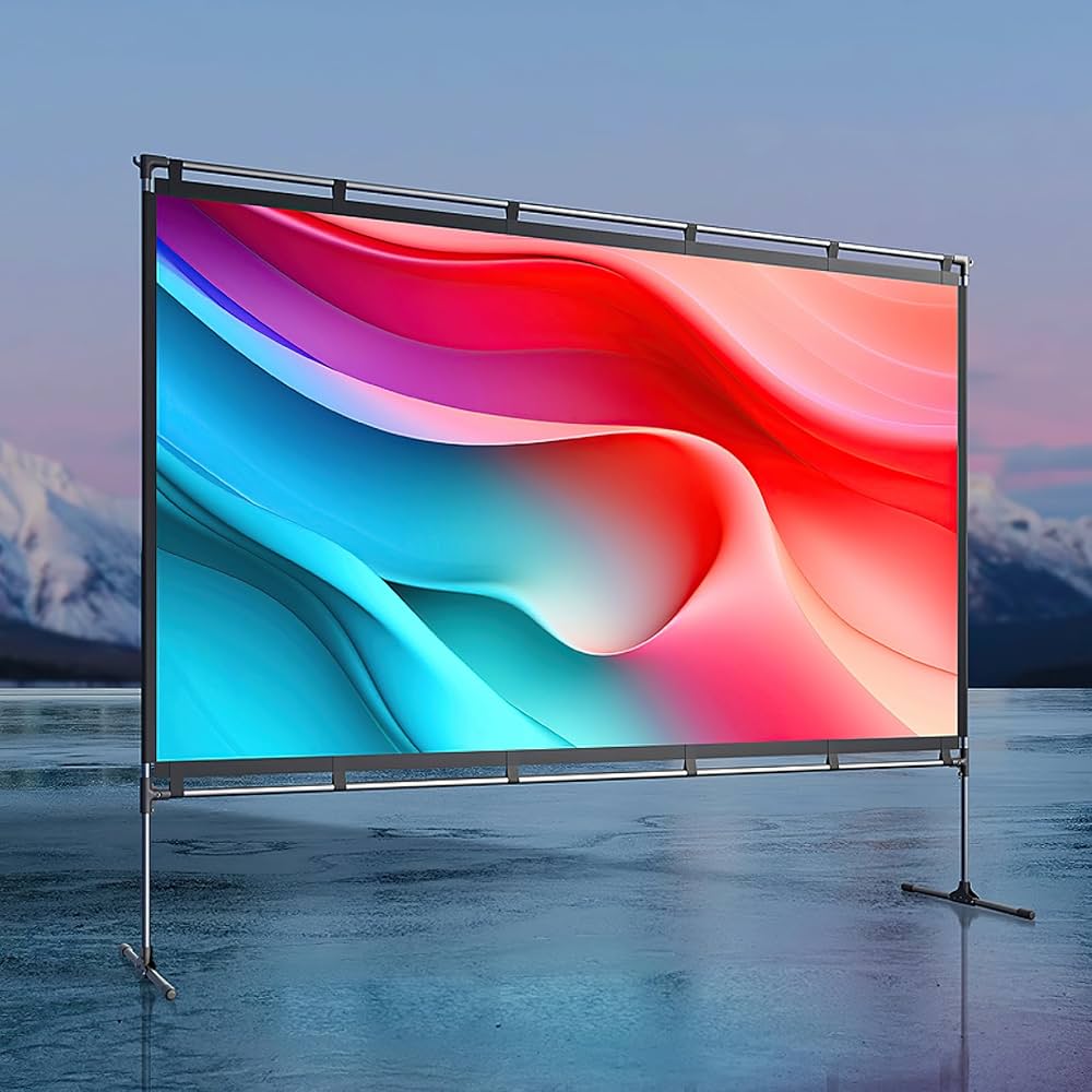 Outdoor projector screen with colorful display in a scenic setting