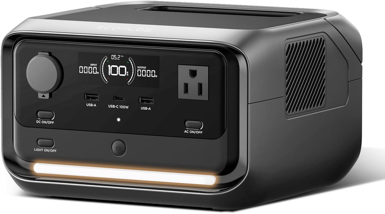 Black power station with digital display and multiple outlets on a white background