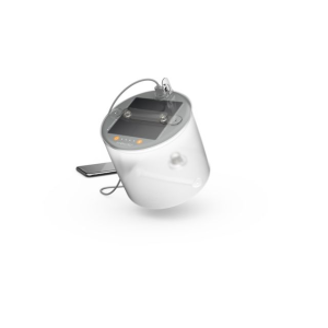 White electronic device with a power cord on a white background