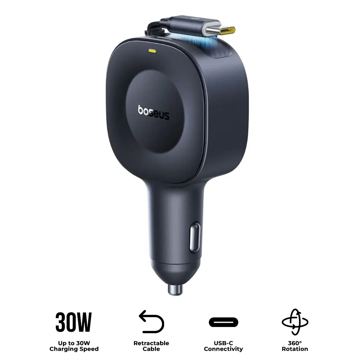 Car charger with retractable cable on a white background