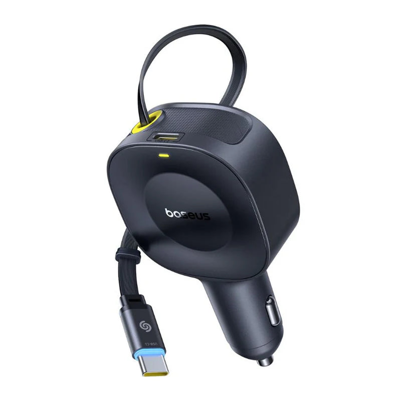 Black car charger with USB-C cable on a white background