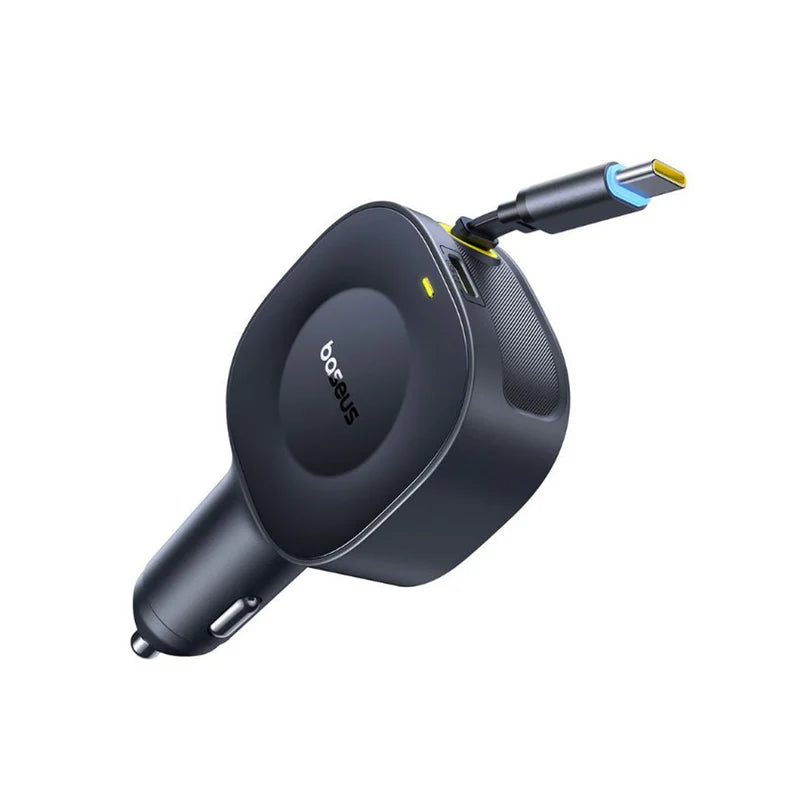 Retractable USB cable with car charger on a white background