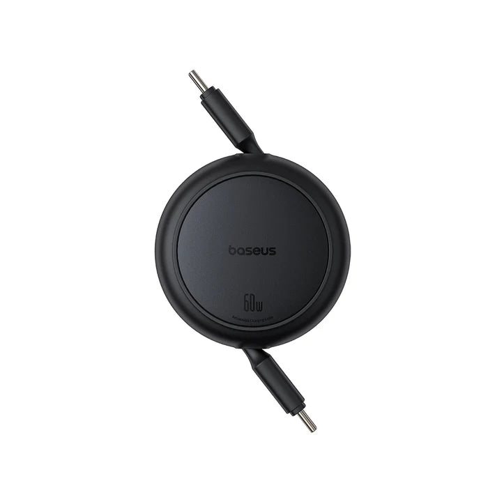 Black retractable USB cable with 'baseus' branding on a white background