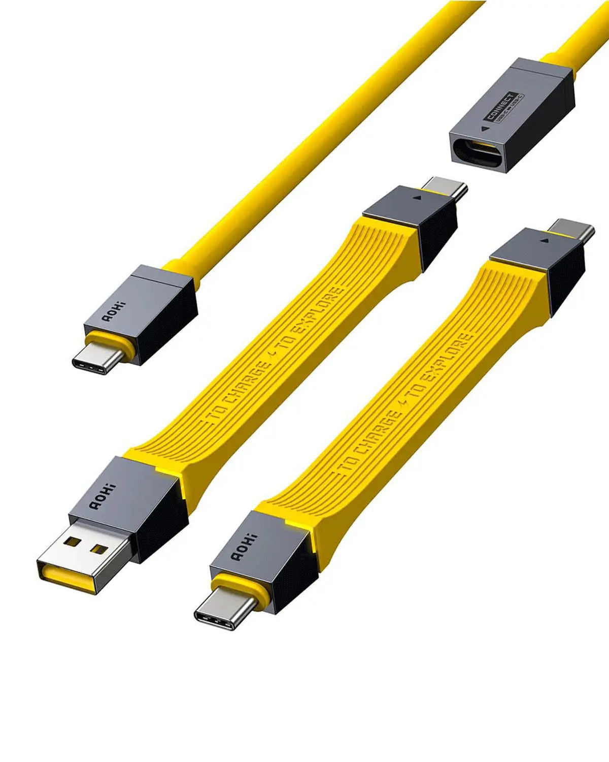 Yellow USB cable with connectors on a white background