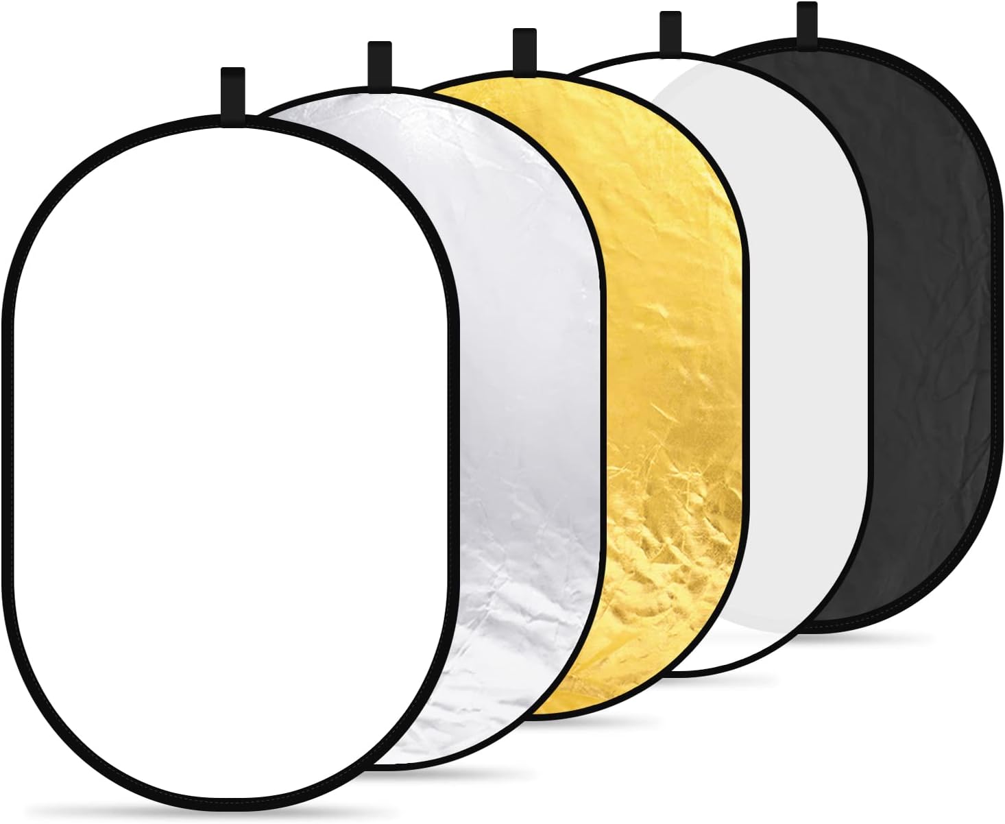 Set of four round photography reflectors in black, white, gold, and silver on a white background.