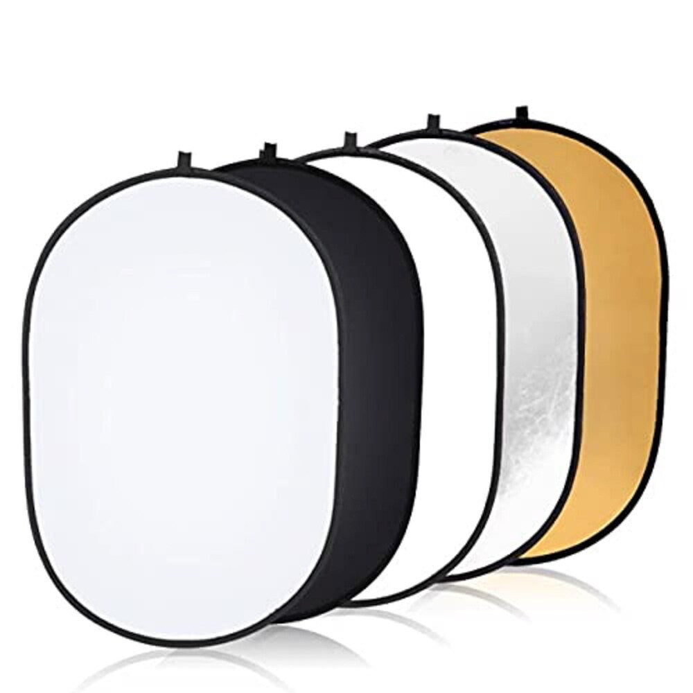Set of five round photography diffusers in black, white, gold, and silver on a white background.