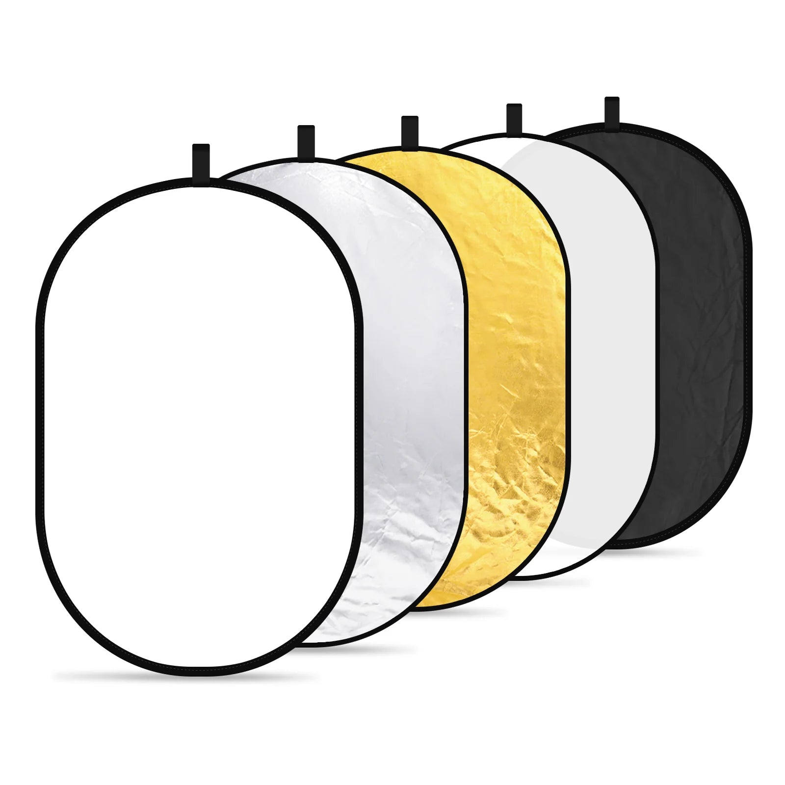 Set of four round reflectors in black, white, gold, and silver on a white background