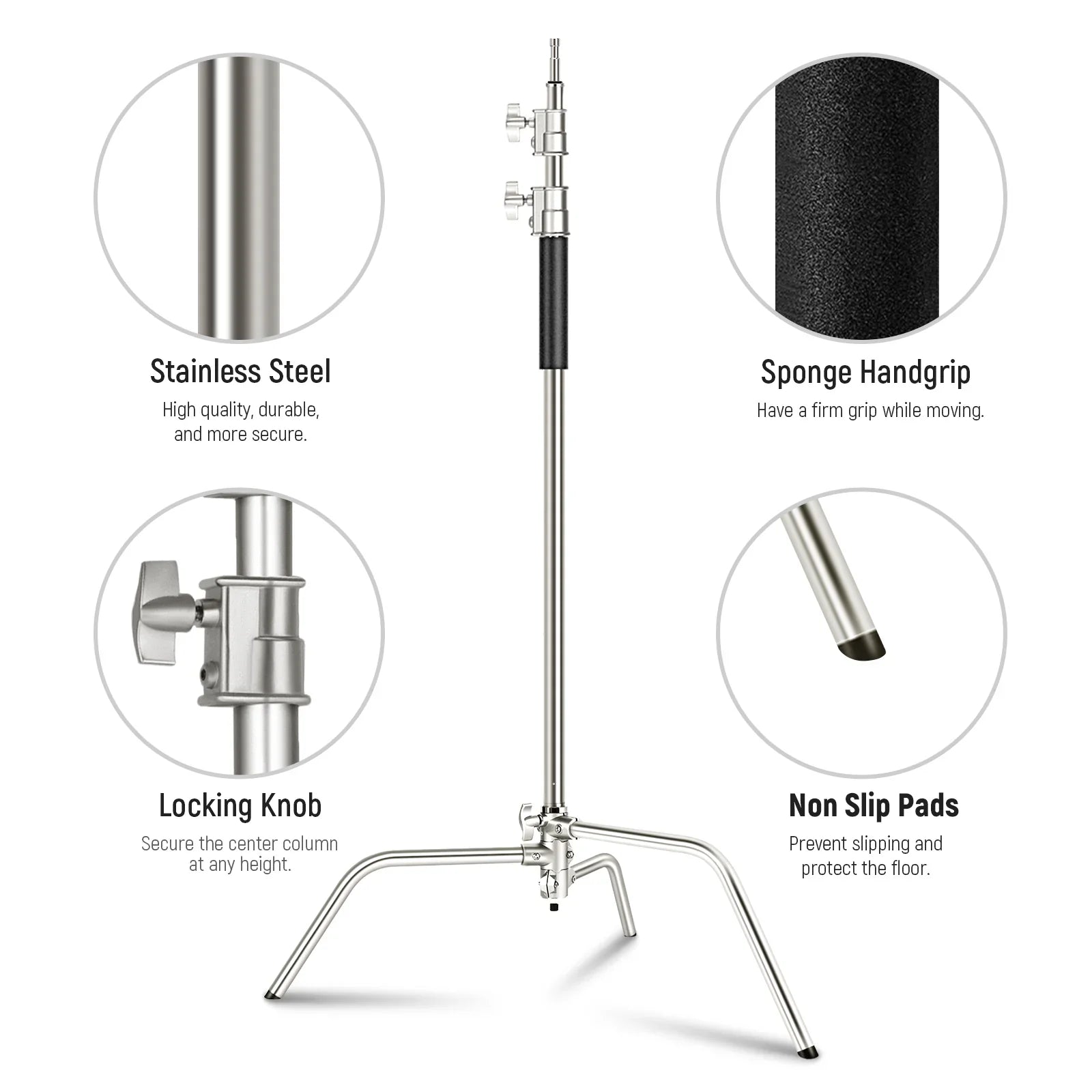 Camera stand with features highlighted on a white background