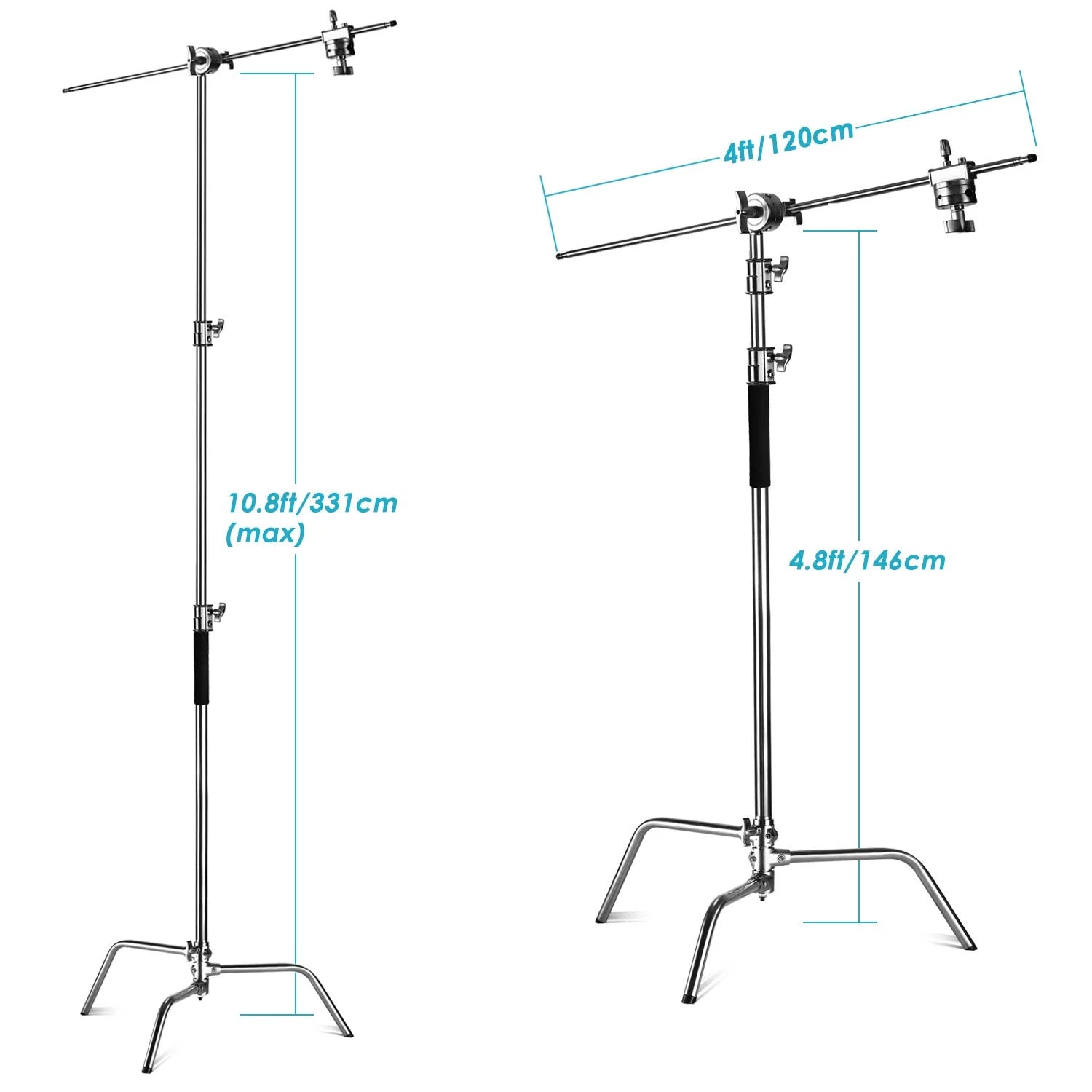 Studio light stand with adjustable arms and measurement details on a white background