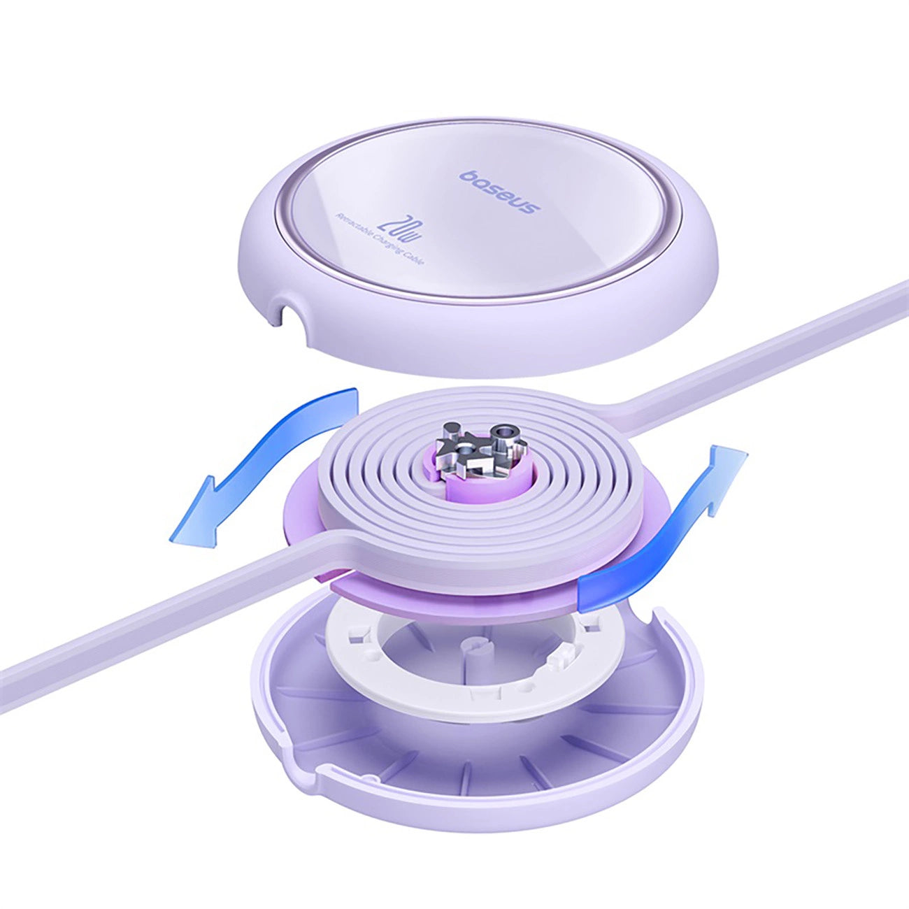 Purple and white device with a coiled cable on a white background
