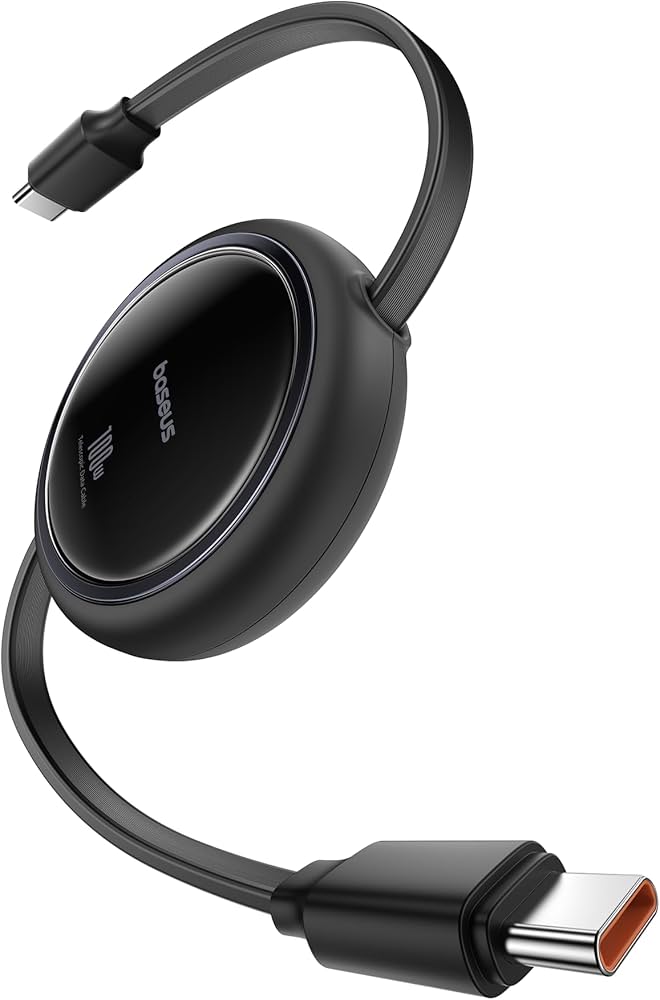 Black USB-C adapter with a cable on a white background