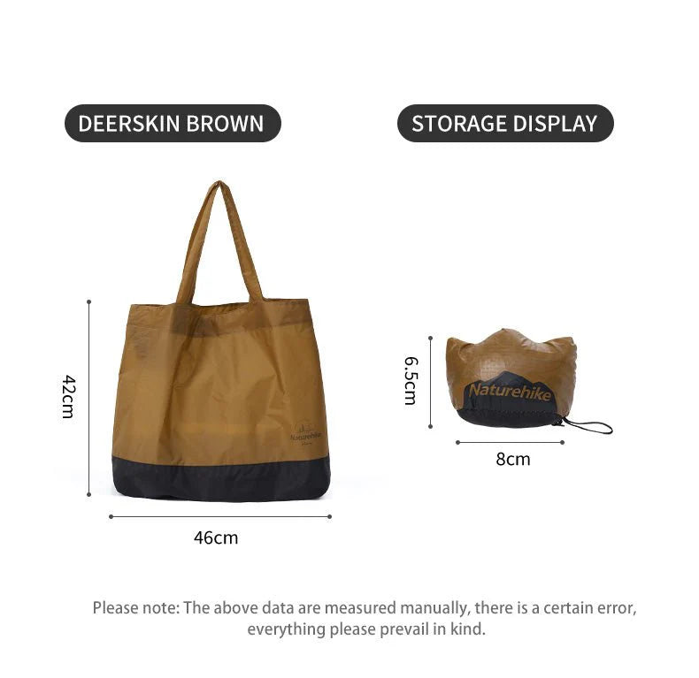 Brown tote bag with dimensions and storage display on a white background