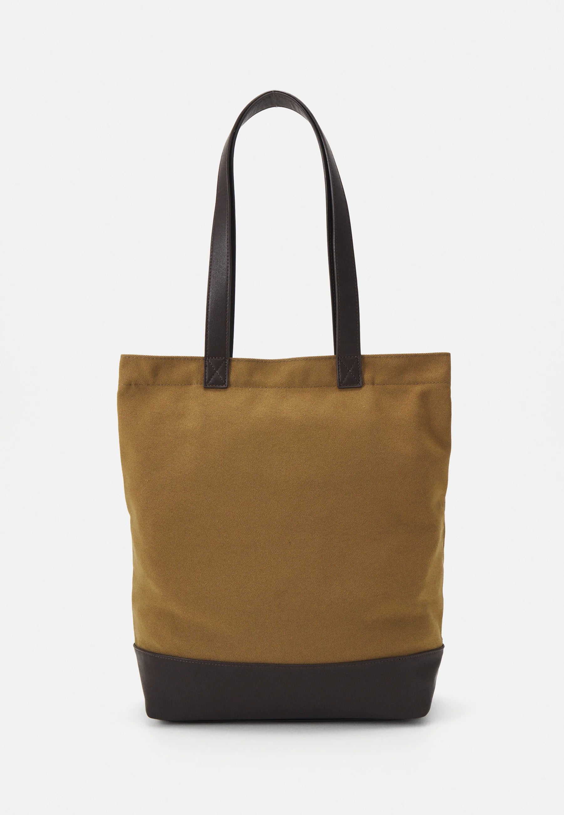 Brown tote bag with black accents on a white background
