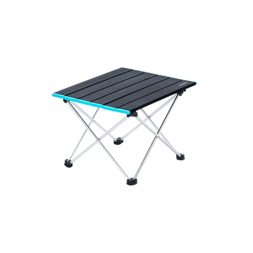 Portable folding table with black top and teal sides on a white background