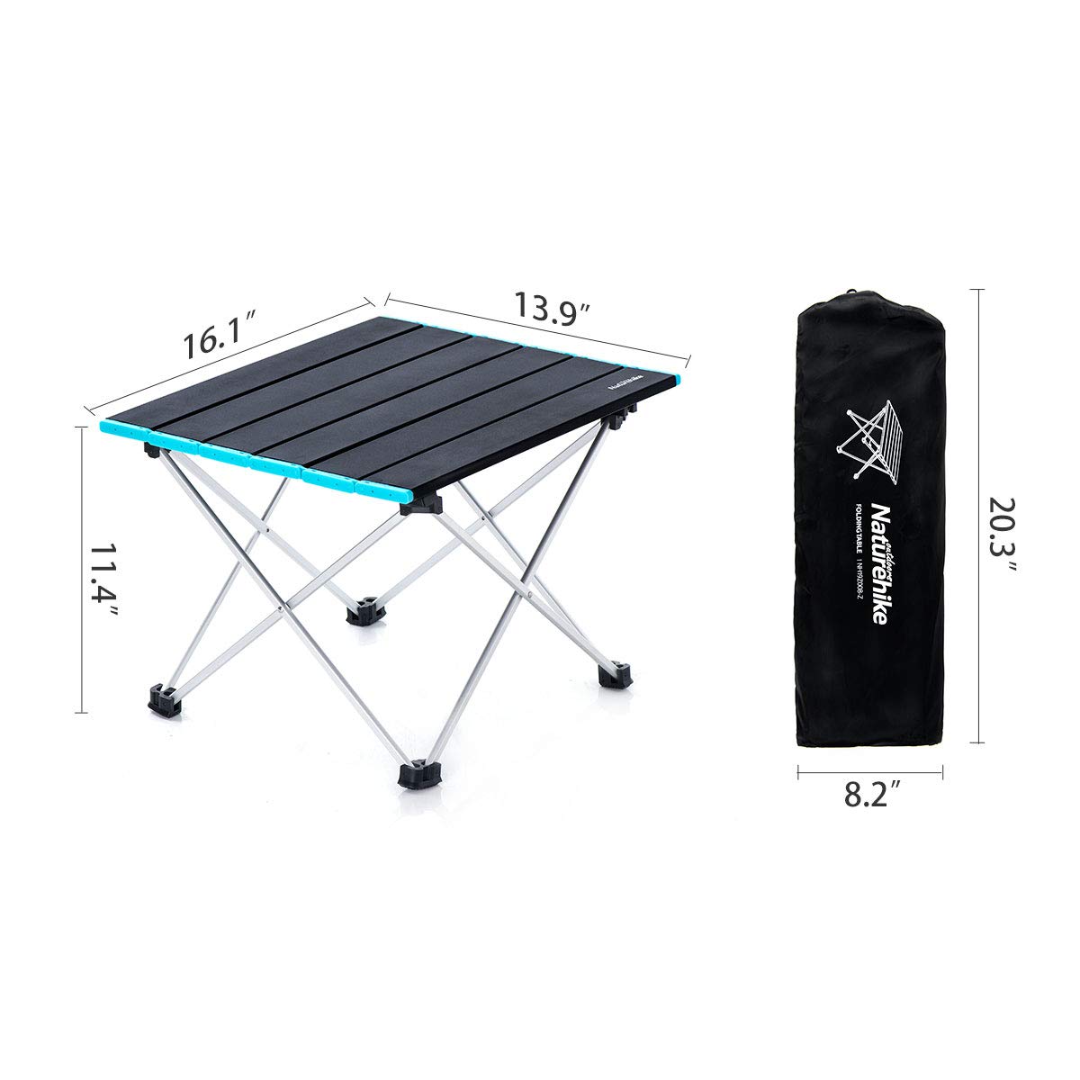Camping table with dimensions and carrying bag on a white background